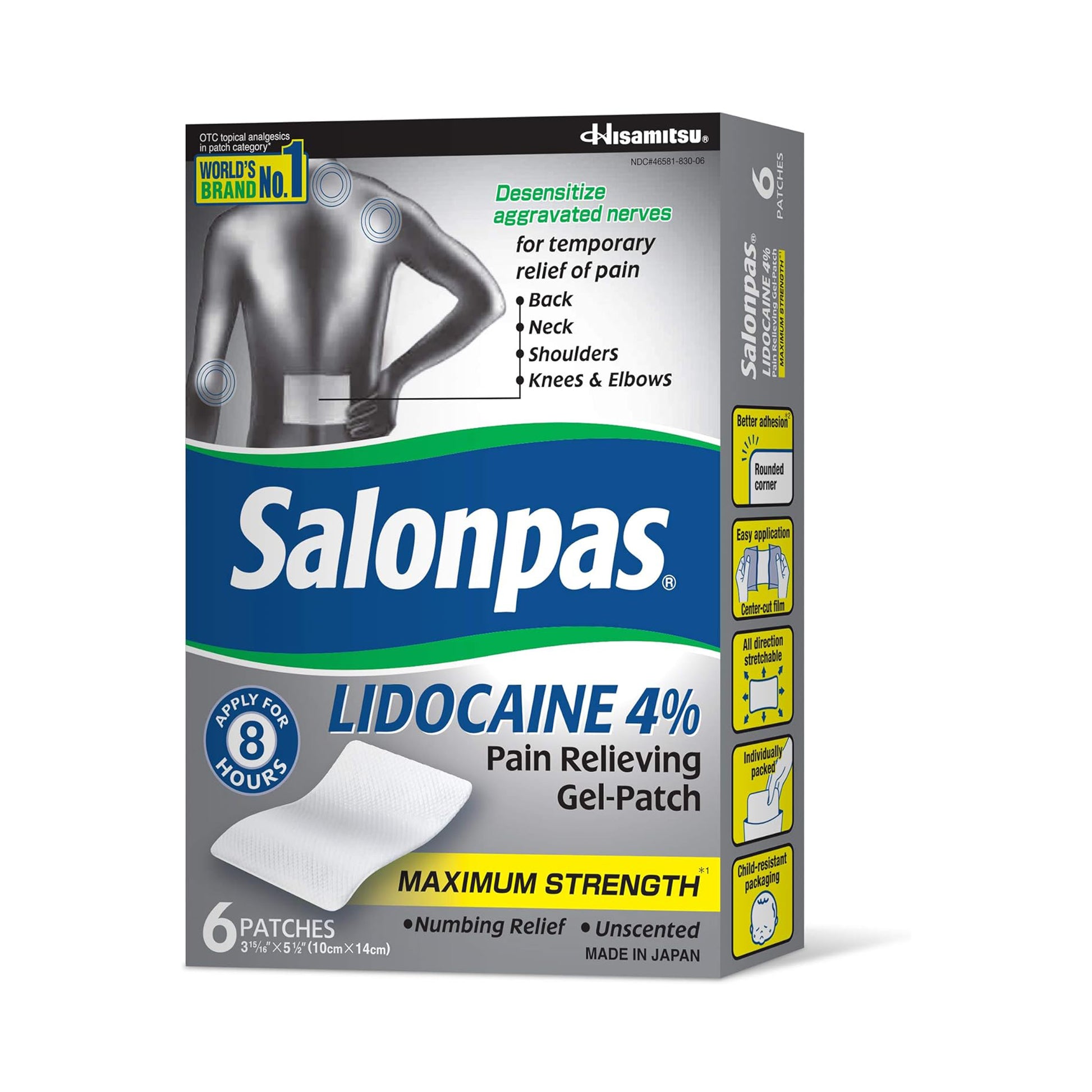 Hisamitsu Salonpas Lidocaine Pain Relieving Gel-Patch 6 Count