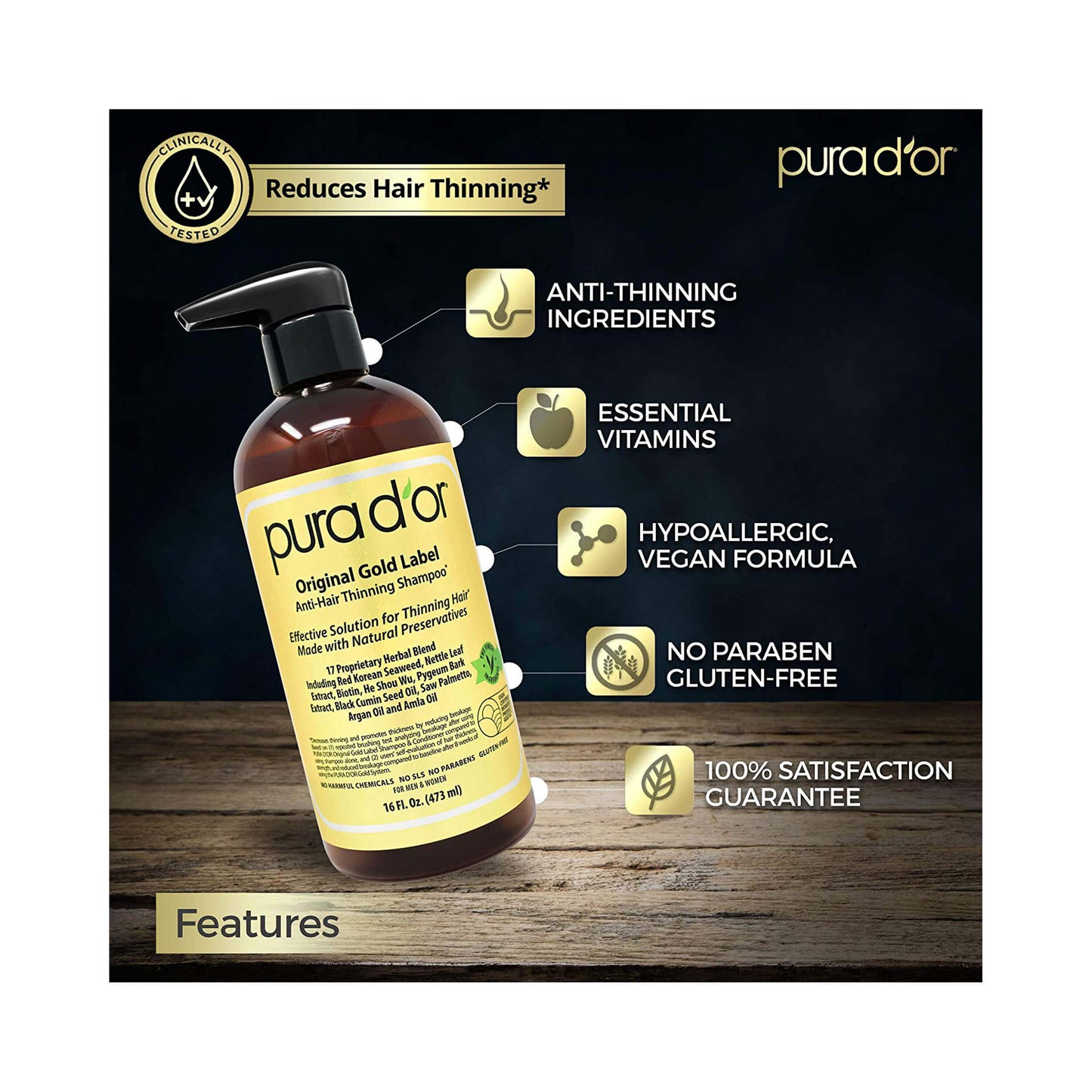 Pura D'or Original Gold Label Anti-Hair Thinning Shampoo 473 mL